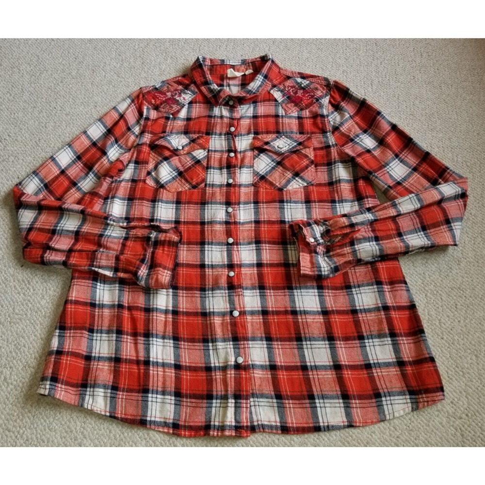 Womens Shirt-WHITE CROW-red/white plaid cotton flannel embroidered cowgirl-S